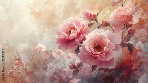Delicate pink roses in a soft, painterly style, bathed in warm light