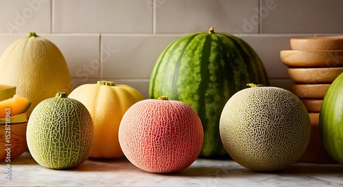 Artistic melon arrangement featuring watermelon, cantaloupe, and honeydew in a sleek modern kitchen setting