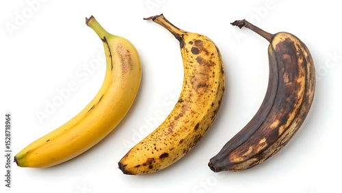 Banana Evolution, Fresh Banana, Black-Spotted Banana, and Rotten Banana Isolated on White, Fruit Stages, Single Banana