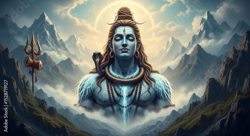 Serene hindu deity shiva mystical mountain landscape artwork