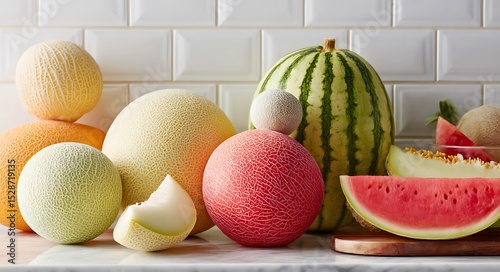 Fresh melon variety artistically arranged in a minimalist kitchen, combining watermelon, cantaloupe, and honeydew