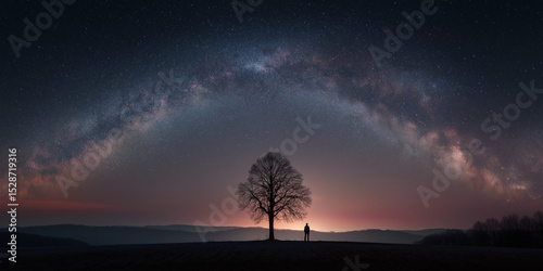 Milky way arch over lone tree and person