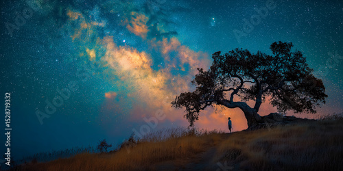 Silhouette of person underneath starry night sky and tree