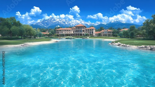 A luxurious lakeside mansion sits beneath a bright blue sky