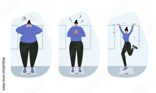 Wellness transformation plus-size journey showcasing body positivity and progress. Vector illustration