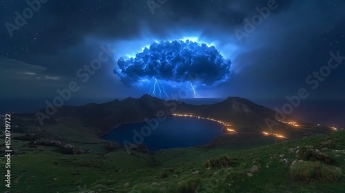 Stunning nighttime landscape with a dramatic thunderstorm over mountains and water