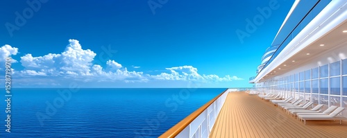 A cruise ship deck offers scenic views of the blue ocean and sky
