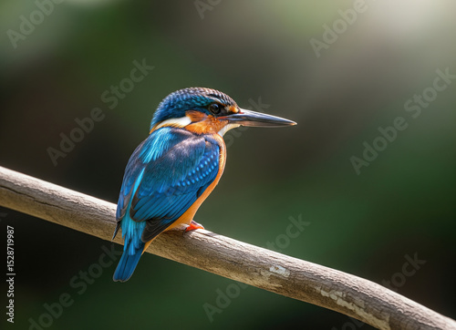 Vibrant kingfisher perched on a branch, showcasing its striking blue and orange plumage with a sharp beak, against a soft natural green background. Bird.
