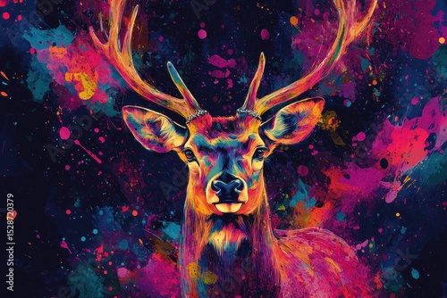 Deer Fantasy. Bright and Colorful Painting with Ink Splatters and Imaginative Design photo