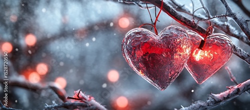 Two illuminated heart ornaments hanging on a snow covered branch