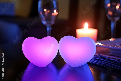 Two illuminated heart shaped objects display a romantic scene