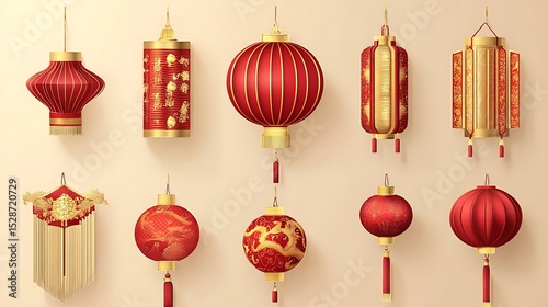 A Collection of Red and Gold Chinese Lantern Decorations