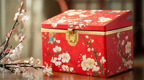 A decorative red box with floral patterns and golden accents