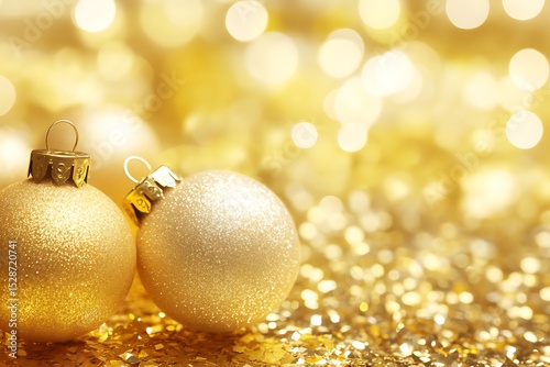 Two gold ornaments surrounded by glitter and soft blurred light