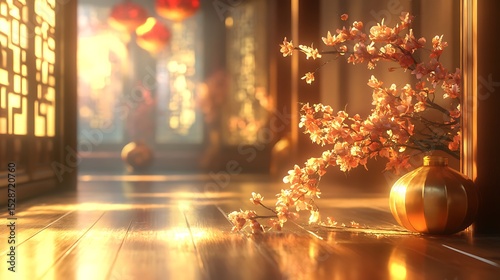 Delicate cherry blossoms adorn a warmly lit interior space