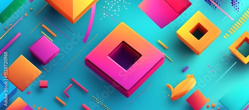 Brightly colored abstract digital artwork with floating three dimensional shapes