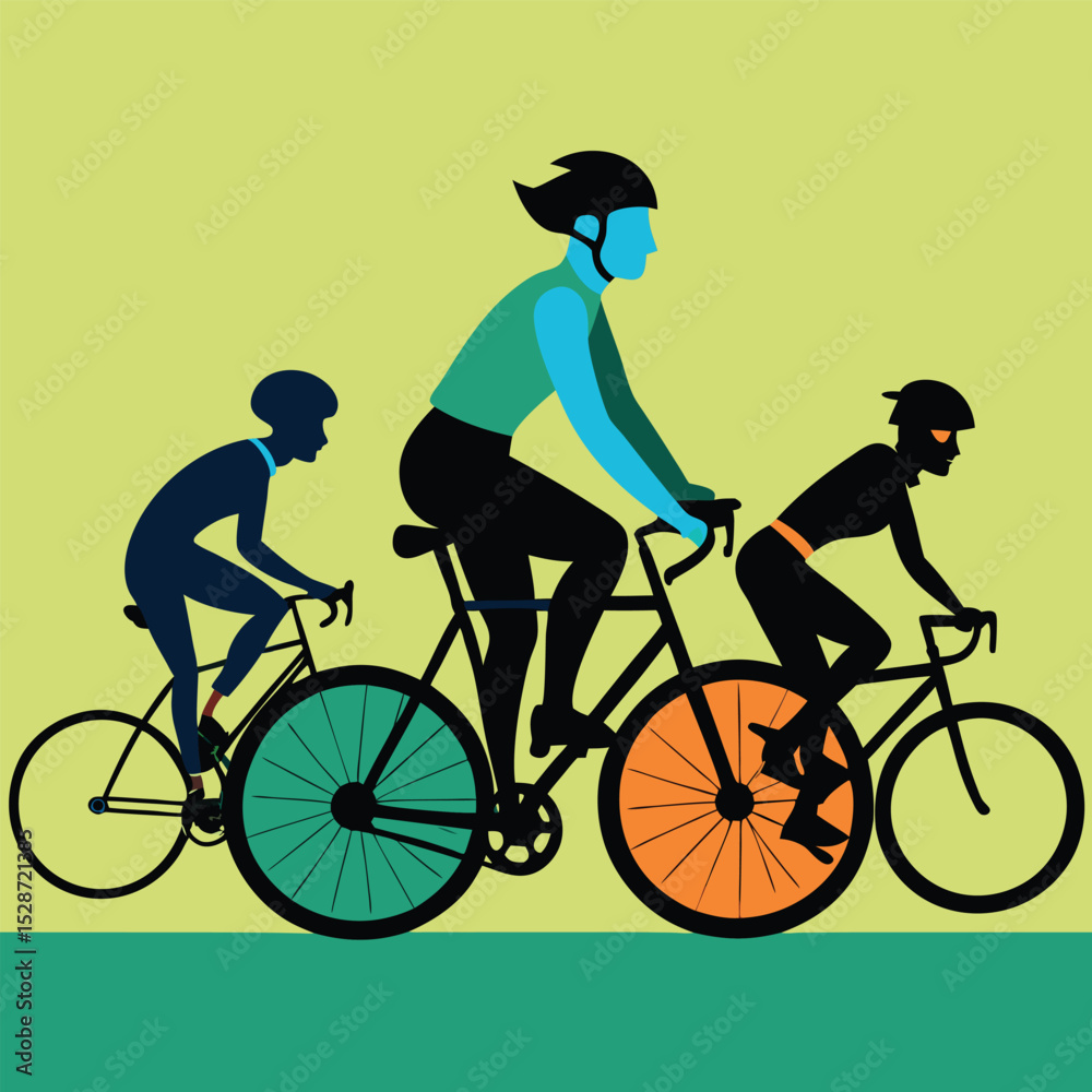 Obraz premium Cycling Trio: A stylish illustration depicts three cyclists, each in dynamic motion, against a textured backdrop. The image captures the spirit of cycling adventure and the thrill of the open road.