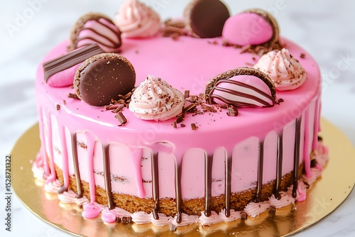A Beautiful Pink Cake Decorated With Chocolate And Delicate Details