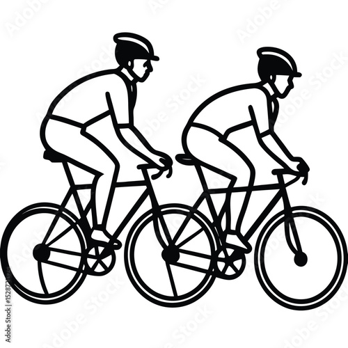 Cycling Duo in Monochrome: Two cyclists ride in tandem, each figure silhouetted in crisp monochrome against a clean background, evoking a sense of dynamic movement and focused determination.