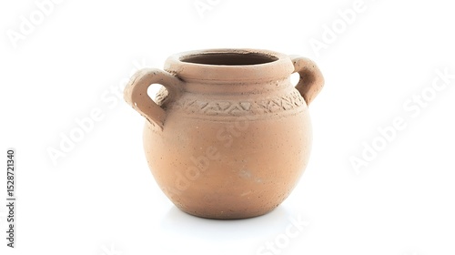 A decorative earthenware pot with two handles on a white background
