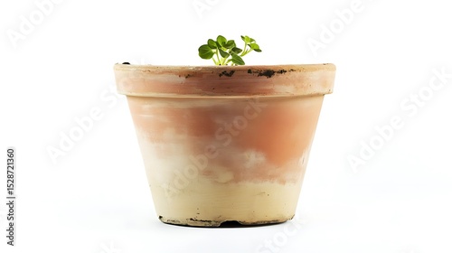 A small green plant sprouting from a clay colored flower pot