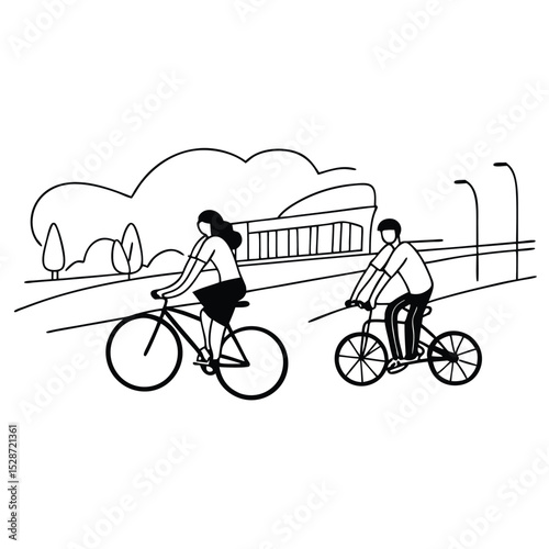 Couple Cycling Illustration: A simple line drawing illustration of a couple enjoying a leisurely bicycle ride along a park path, showcasing a relaxed outdoor lifestyle.