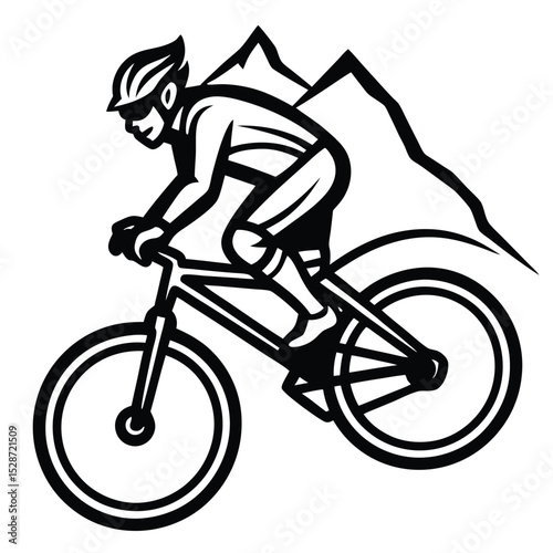 Mountain Biking Adventure: Silhouette of a mountain biker conquering a mountainous terrain, embodies the spirit of outdoor adventure and physical challenge. 