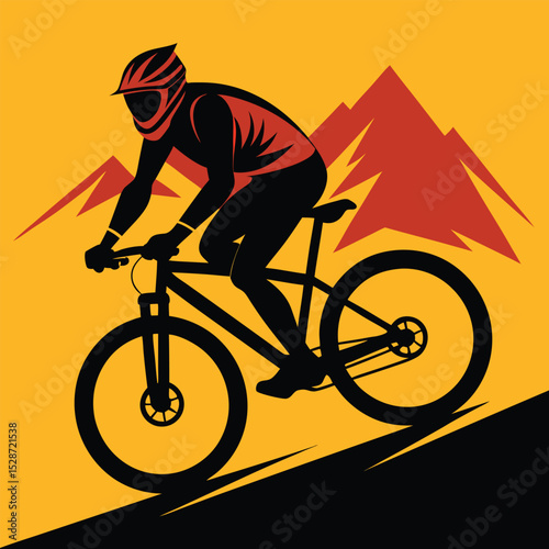 Mountain Biker: A dynamic graphic illustration showcases a mountain biker in action, conquering a challenging terrain of rugged hills and the vastness of nature