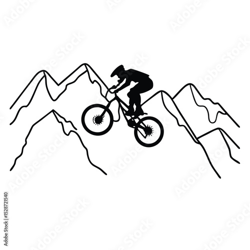 Mountain Biking Silhouette: A stylized silhouette of a mountain biker soaring over a mountain range, embodying adventure, skill, and the thrill of extreme sports. 