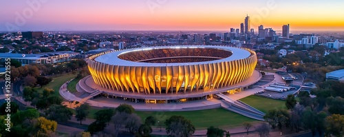 An illuminated modern stadium stands next to a large city at dusk