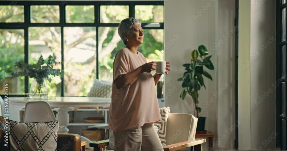 Coffee, peace and senior woman in house with vision for thinking, calm and walk to door for view. Living room, drink tea and person with reflection, mindset and thoughts for daydreaming in retirement