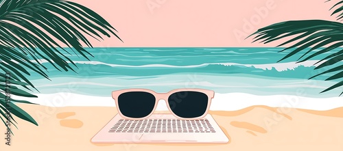 Sunglasses Rest On a Laptop Near a Beach During Summer Time