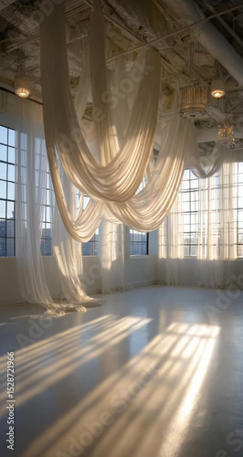 Elegant white drapes in sunlit loft space