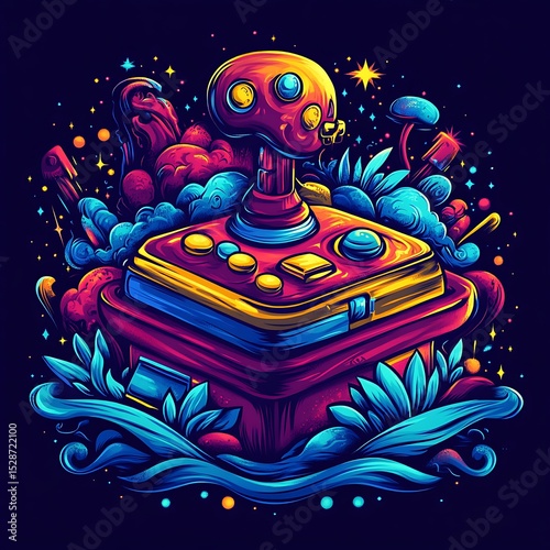 A colorful vibrant artistic illustration of a retro video game controller
