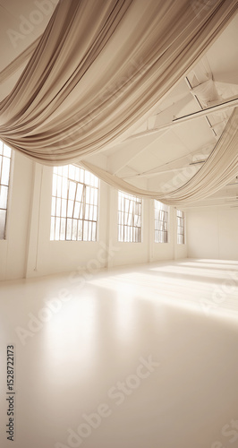 Empty white loft space with beige drapes