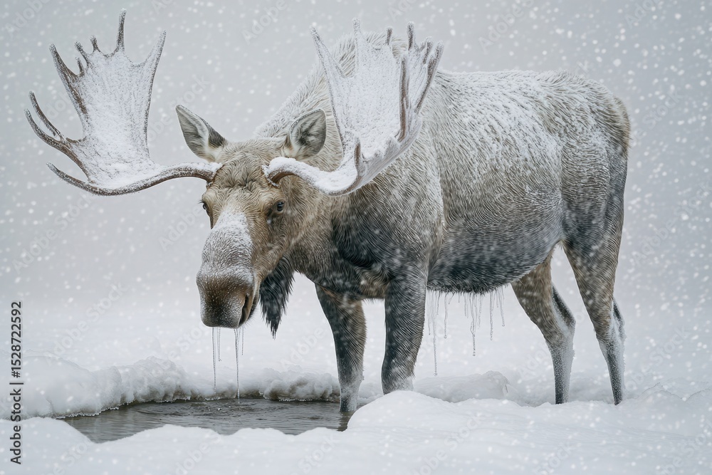 Dripping Snow. Moose in Winter: Frost-Covered Bull Standing in Snow at Yellow National Park Dripping Snow. Moose in Winter: Frost-Covered Bull Standing in Snow at Yellow National Park