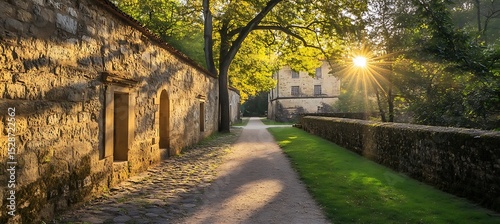 Sunlit pathway passing between stone walls and a classic building