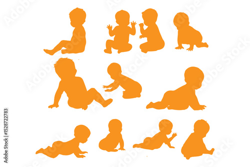 Set of baby and toddler silhouette isolated on white background. Sitting, crawling and standing. Vector illustration