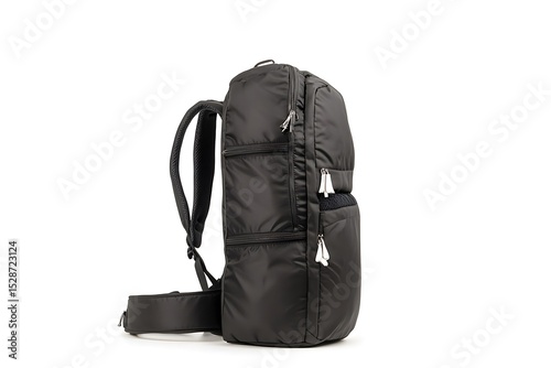 A side view of a black backpack against a white background