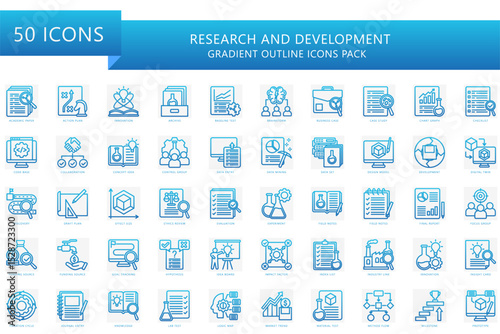 Research and development gradient outline icons set. contain experiment, evaluation, innovation, development and more. Vector EPS 10 for print, digital UI, UX kit, web and app, for education, industry