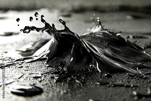 Water forms a dramatic splash with dark glossy reflections on a surface