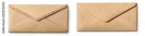 Envelope Back. Brown Envelope Isolated on White Background with Clipping Path. Top View of Airmail Letter photo