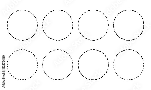 Dashed and dotted circle icon. Dotted round lines. Black and white broken rings. Abstract monochrome graphic. vector illustration . EPS 10 . 