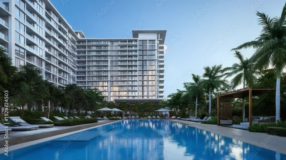 Luxury Resort Pool: A tranquil resort pool with crystal-clear water reflecting the sunlight, surrounded by lush tropical landscaping and a modern high-rise building. Luxury Resort Pool: A tranquil resort pool with crystal-clear water reflecting the sunlight, surrounded by lush tropical landscaping and a modern high-rise building.