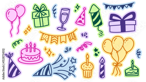 Colorful Birthday Celebration Doodle Sticker Set in Cartoon Style