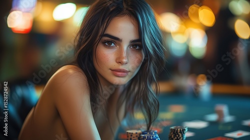 A captivating young brunette woman with a subtle smile and direct gaze, sitting at a casino table with poker chips, against a softly blurred, warm-toned background.