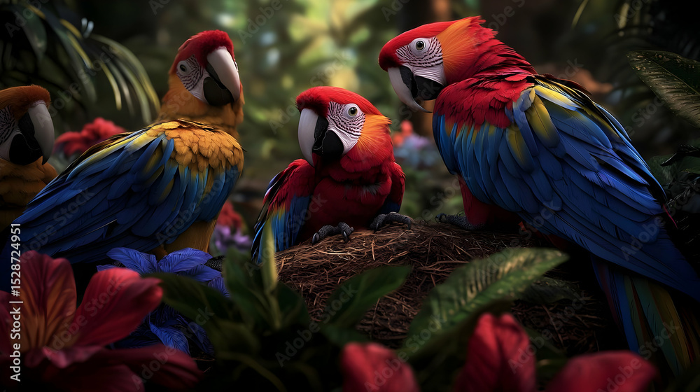 Obraz premium Group Of Colorful Parrots In Tropical Setting
