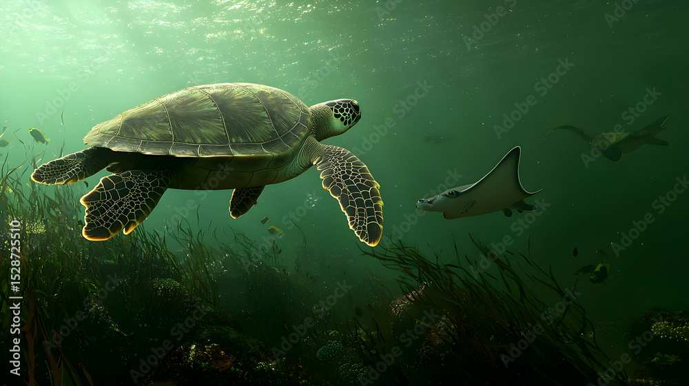 Fototapeta premium Sea turtle and stingray in underwater kelp forest. Sunlight penetrates the water, illuminating the marine life