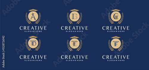 collection of creative justice law firm logos in gold color, alphabetical law logos with luxurious color combinations
