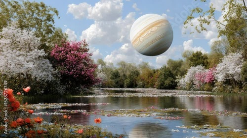 Surreal Landscape with Planet Jupiter in Bright Sky Over Tranquil Water and Colorful Flowers and Lush Greenery
